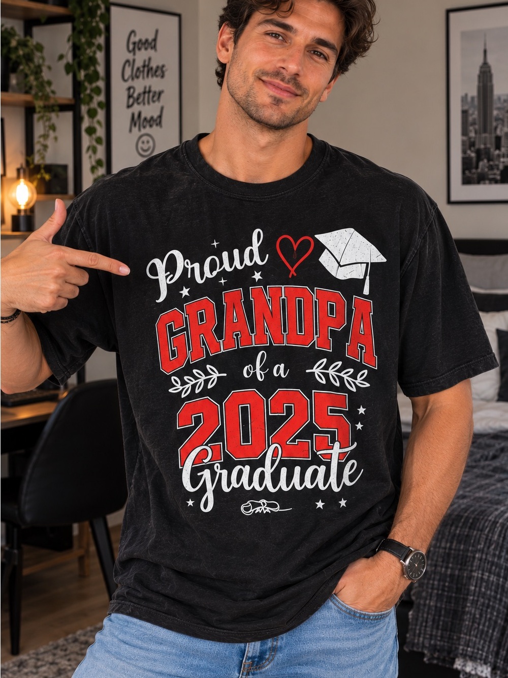 Proud Grandpa of a 2025 Graduate T-Shirt - Black & Red